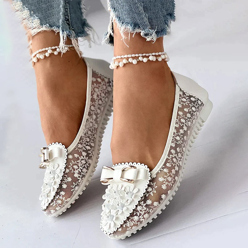 Applique Bowknot Decor Wedding Bridal Shoes Lace Split Joint Ballet Flats
