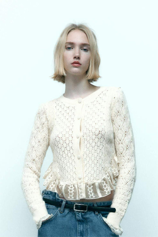 Cropped Knit Buttoned Lace Trim Cardigan White