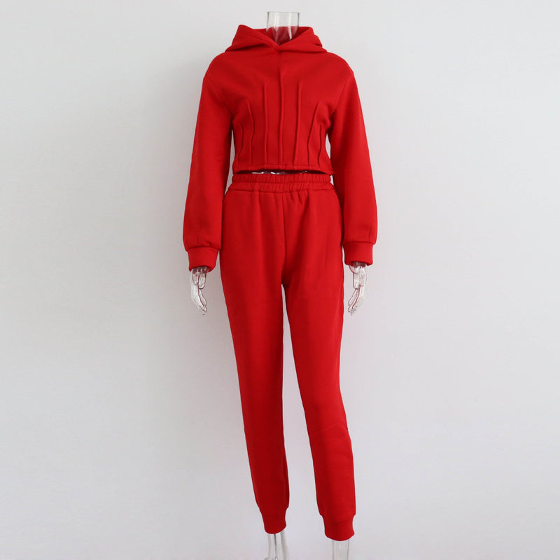Hoodie Set Fall Winter Cinched Hoodie Sweater Jogger Pants Two Piece Set