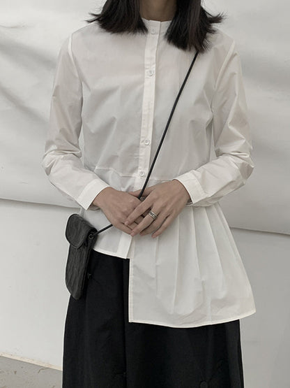 Long Sleeves Asymmetric Buttoned Pleated Color Round-neck Blouses&shirts Tops