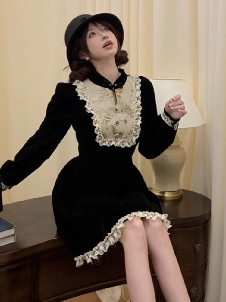 Y2k Patchwork Velvet Mini Dress Long Sleeve Princess Party Dress A-line Autumn Spring French Prom Vestidos New