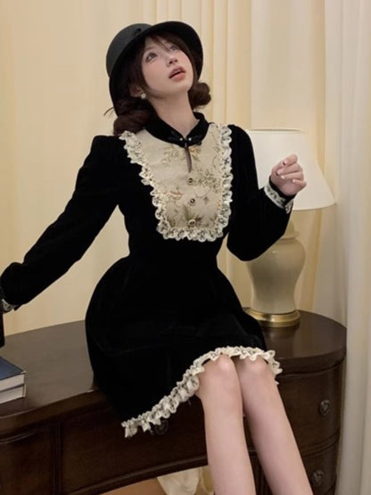 Y2k Patchwork Velvet Mini Dress Long Sleeve Princess Party Dress A-line Autumn Spring French Prom Vestidos New