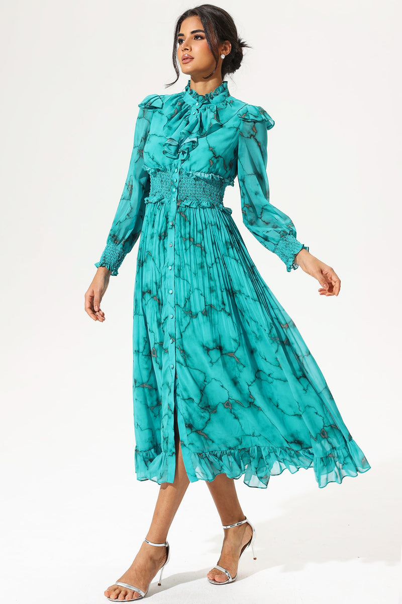 Lantern Sleeve Stand Collar Smocked Elastic Buckle Maxi Dress