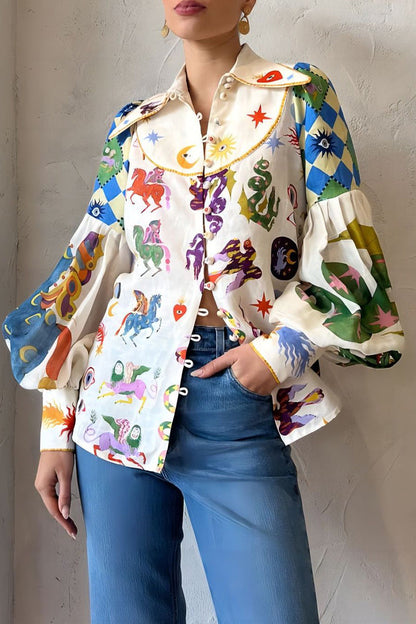 Print Turndown Collar Tops
