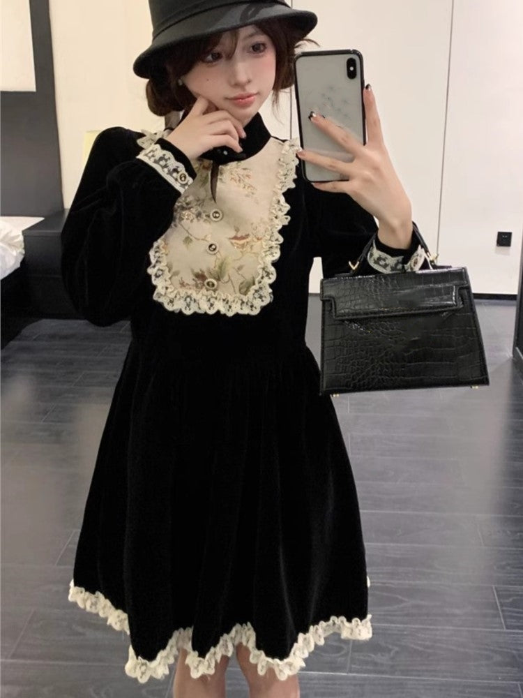 Y2k Patchwork Velvet Mini Dress Long Sleeve Princess Party Dress A-line Autumn Spring French Prom Vestidos New