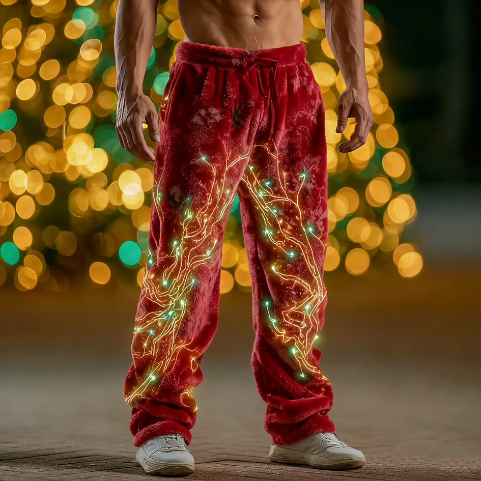 Comstylish Christmas Retro Lights Design Men's Flannel Long Pants