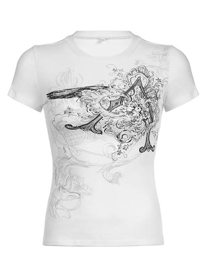 Retro Graphic Crop Top White Short Sleeve O Neck T Shirt for Y2k Aesthetic Basic Tees Clothes