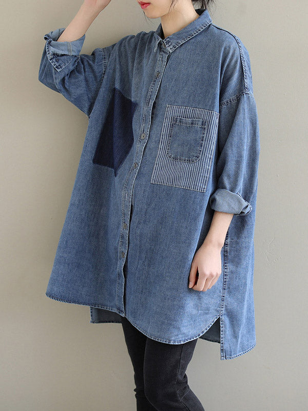 High-low Long Sleeves Asymmetric Buttoned Pockets Split-joint Lapel Blouses&shirts Tops