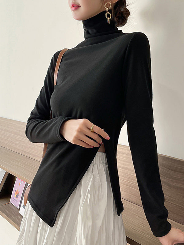 Skinny Long Sleeves Split-side Color High-neck T-shirts Tops