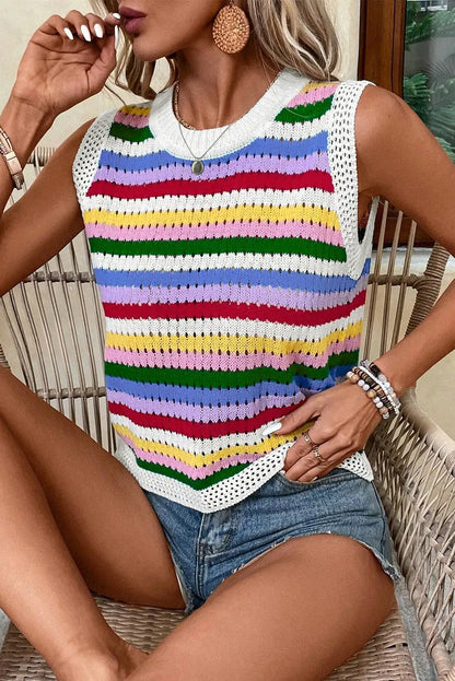 Striped Knitted Eyelet Sweater Vest