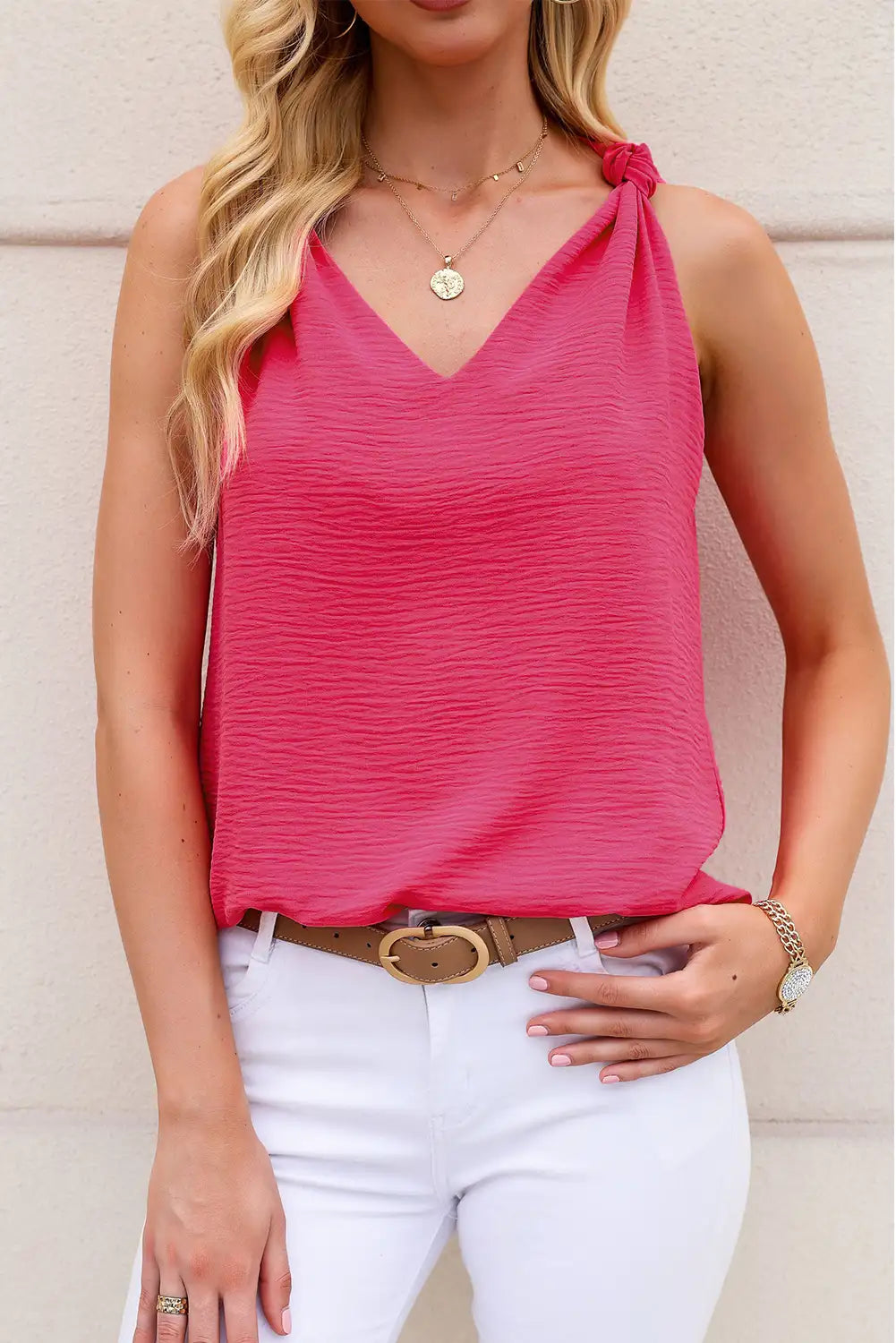 Rosy V Neck Knotted Shoulder Vest