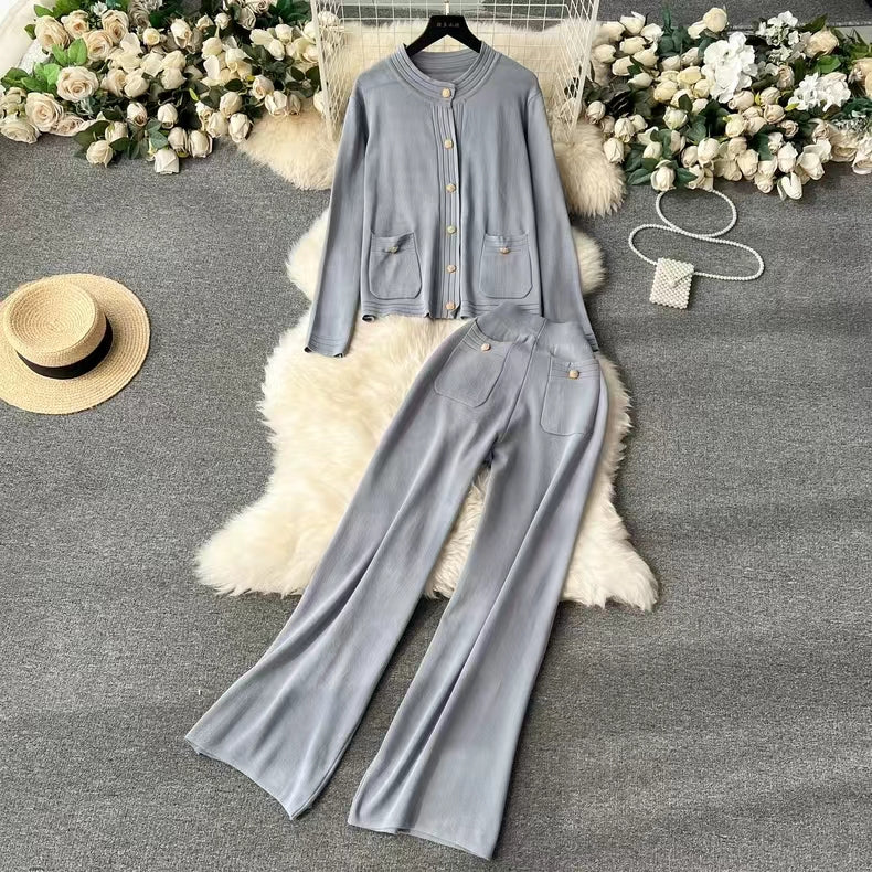 Knitted Cardigan Top Spring Autumn High End Sweater Jacket High Waist Slimming Wide Leg Pants Suit