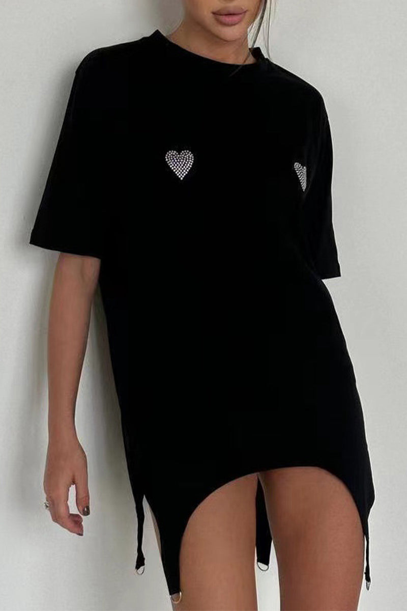 Letter Heart Shaped Asymmetrical Hot Drill O Neck T-shirts