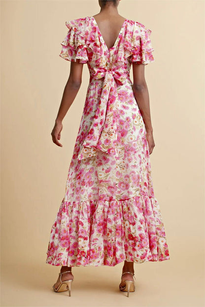 V-neck Ruffle Hem Lace Up Maxi Dress