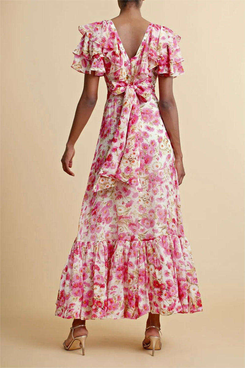 V-neck Ruffle Hem Lace Up Maxi Dress