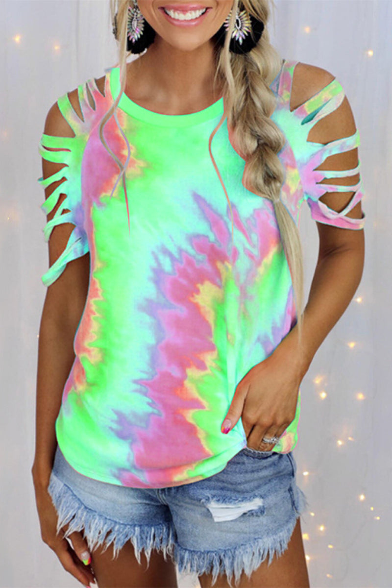 Tie Dye Hollowed Out Patchwork O Neck T-shirts