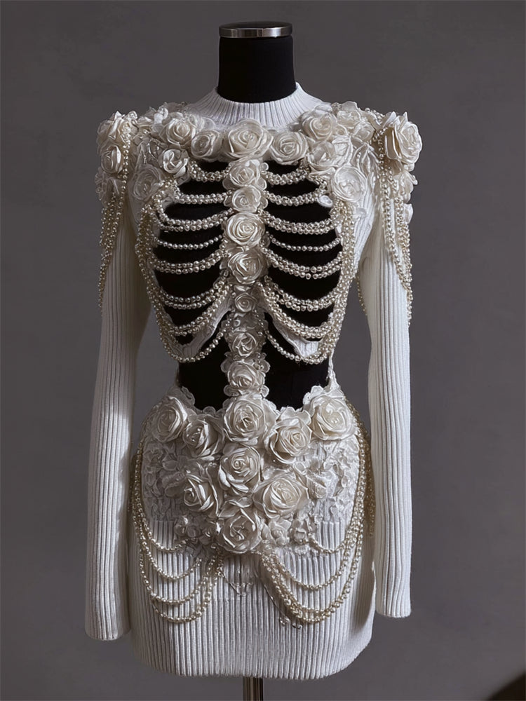 Vintage Roses Skeleton Pearls Beaded Contrast Knit Sweater Dress artswardrobe