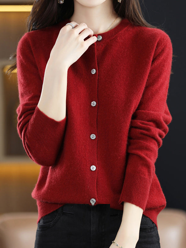 Long Sleeves Buttoned Elasticity Round-neck Cardigan Tops Knitwear
