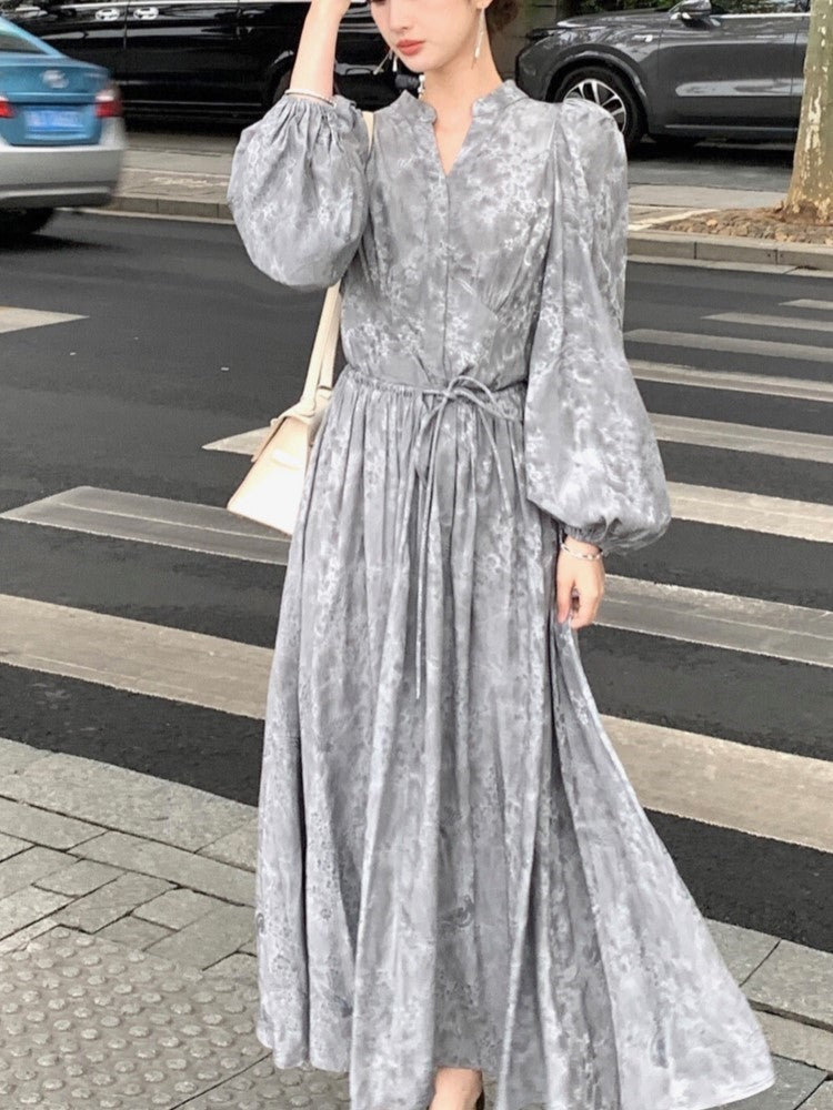 Midi Dress Printed Lantern Sleeve V-neck French Autumn Lace Up Female Evening Party Vestidos Mujer