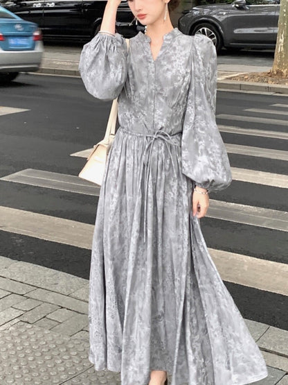 Midi Dress Printed Lantern Sleeve V-neck French Autumn Lace Up Female Evening Party Vestidos Mujer