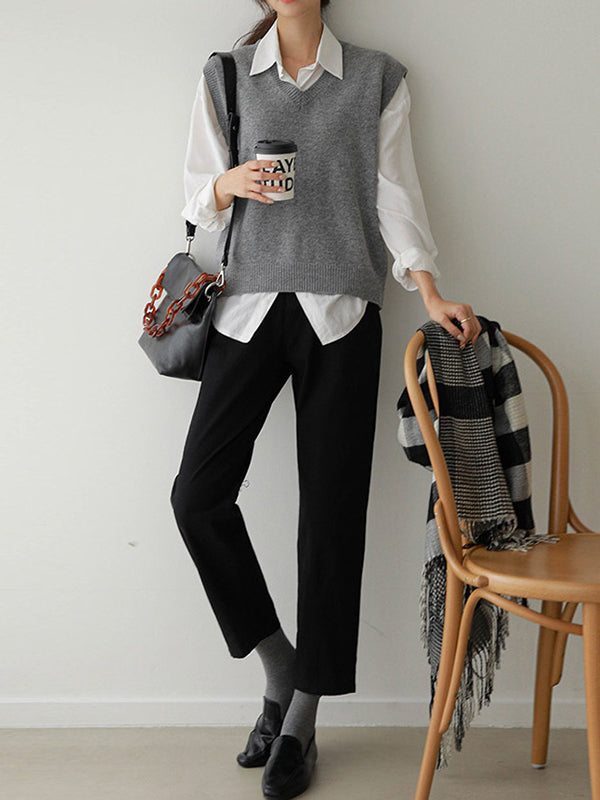 Loose Sleeveless Color V-neck Sweater Vest Outerwear