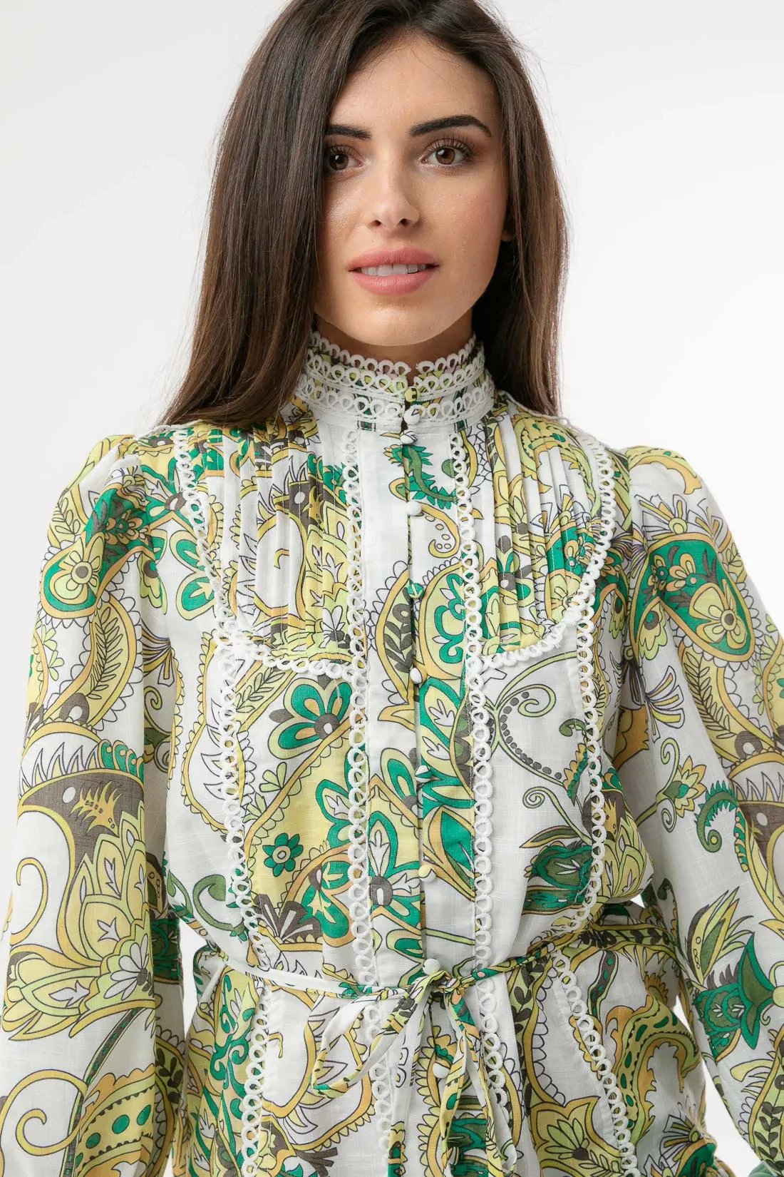 Paisley Stand Collar Lantern Sleeve Mini Dress