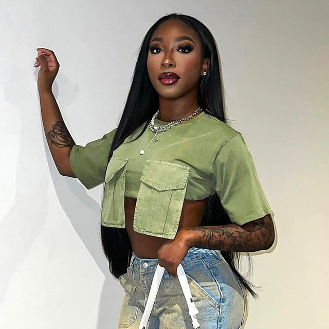 Cargo Pockets Green T-shirts O-neck Short Sleeve Slim Crop Tops Summer Female Tees