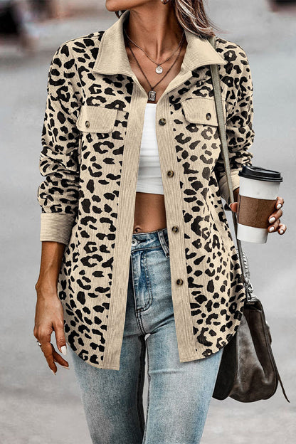 Sweet Leopard Pocket Turndown Collar Tops