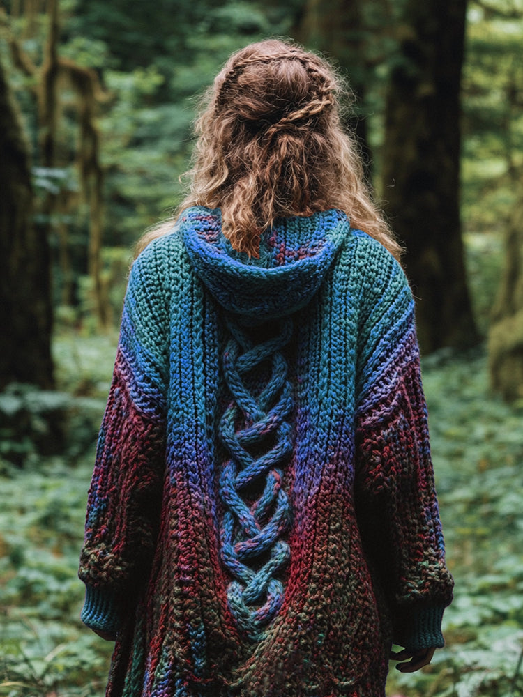 Women's Celtic Knot Retro Rainbow Chunky Knit Hooded Cardigan elevenforest