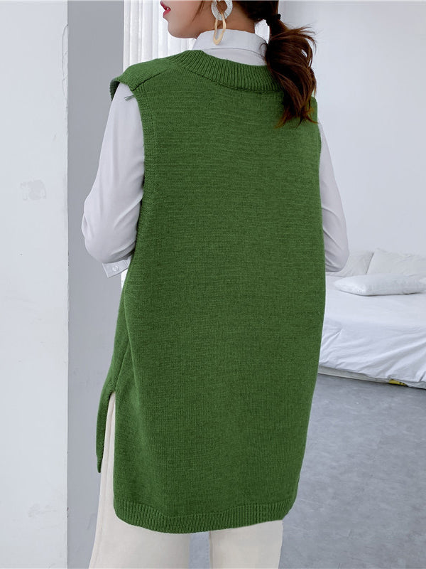 Sleeveless Split-side Color V-neck Knitted Vest
