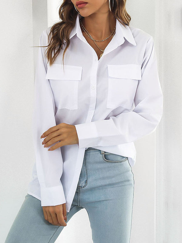 Long Sleeves Loose Color Split-joint Lapel Blouses