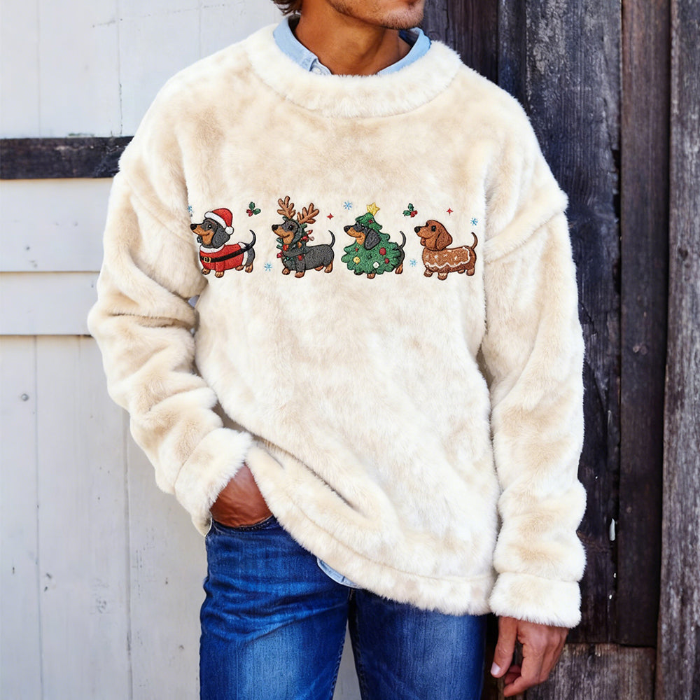 Comstylish Men's Dachshund Christmas Embroidered Cozy Plush Sweatshirt