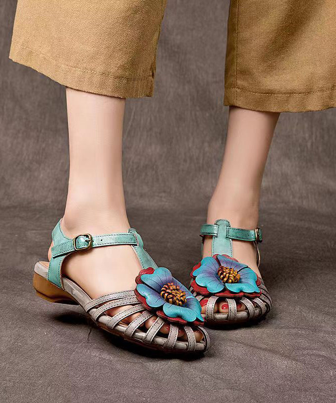 Comfy Splicing Wedge Sandals Grey Cowhide Leather Hollow Out Oi024