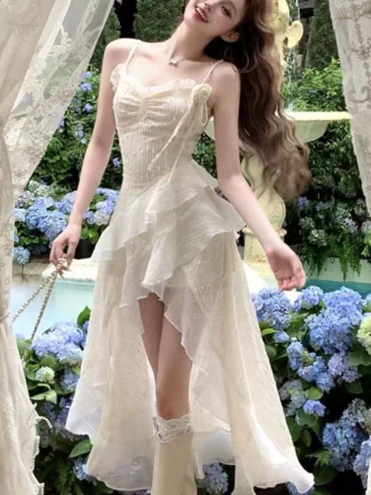 Y2k Ruffles Spaghetti Strap Irregular Midi Dress Summer New Slim Fairycore Birthday Party Dress Prom Robe Vestidos Mujer