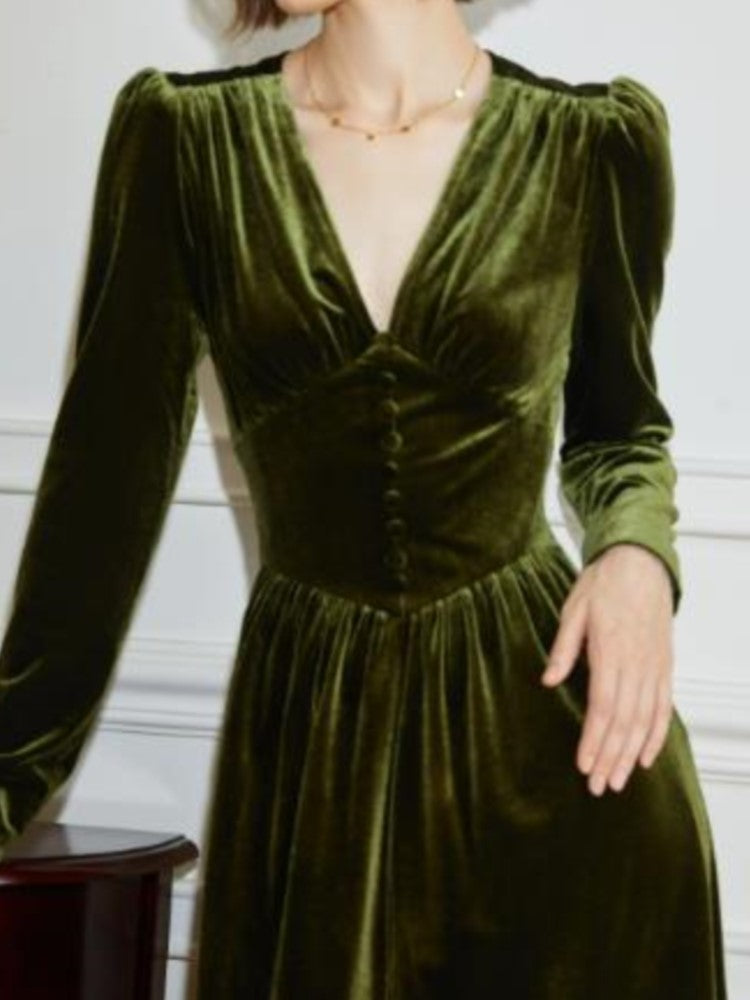’s Velvet Midi Dress Long Sleeve A-line French Party Dress Autumn Spring Prom Robe Vestidos Mujer New
