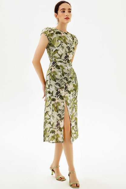 Backless Cut-out Slit Print Midi Dress Green