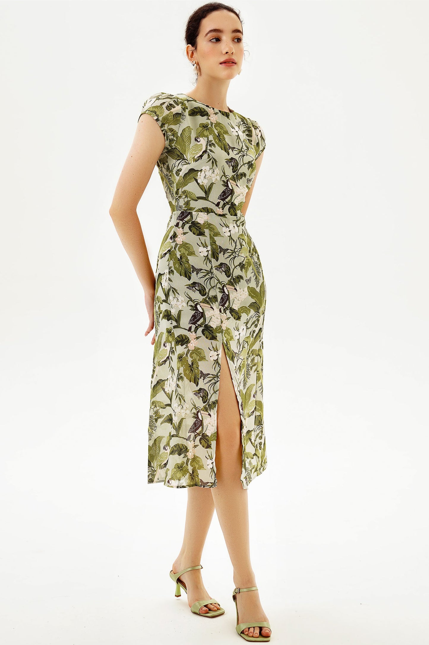 Backless Cut-out Slit Print Midi Dress Green