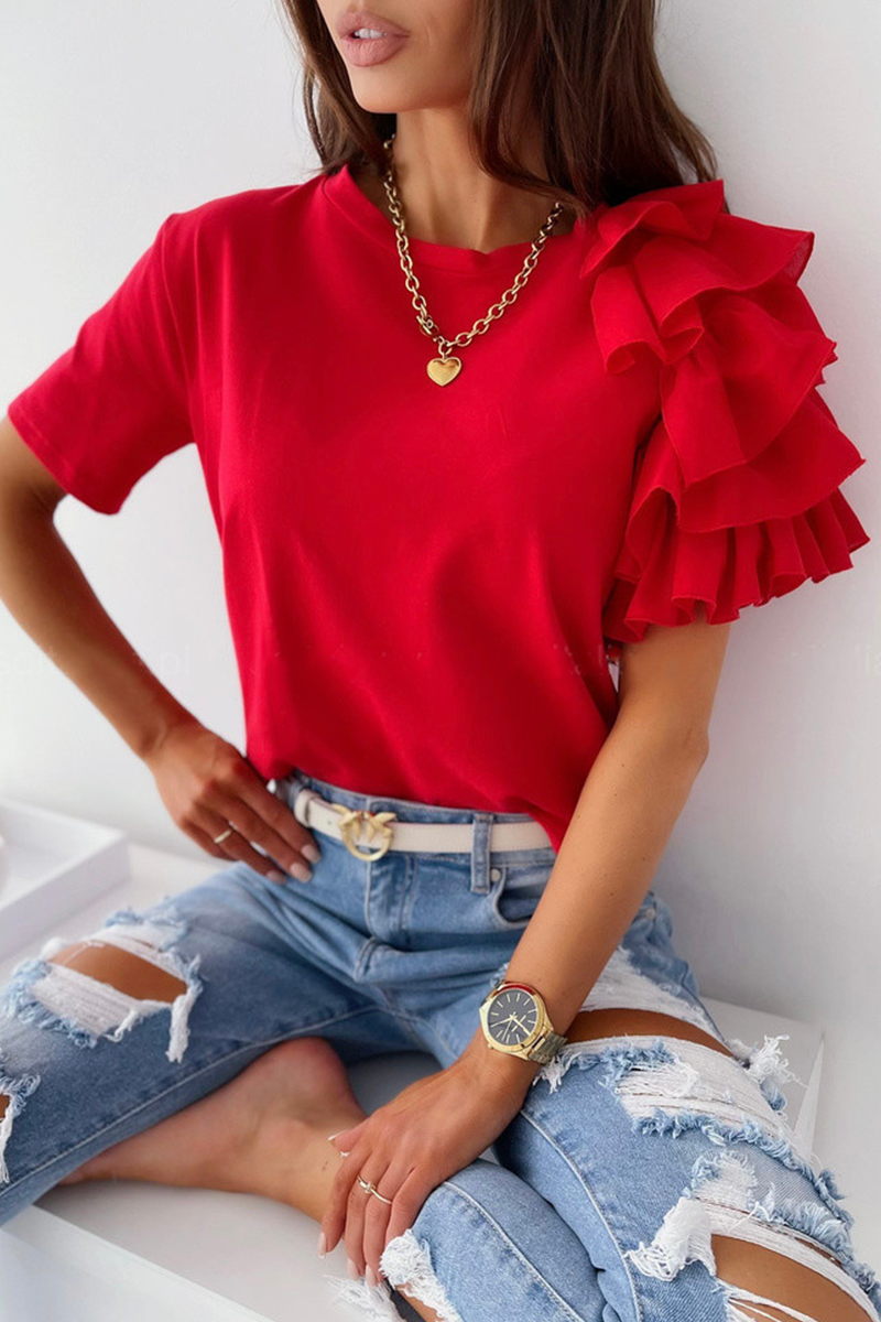 Patchwork Flounce O Neck T-shirts(4 Colors)