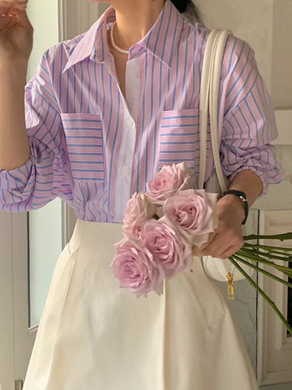 Long Sleeves Loose Buttoned Contrast Color Pockets Striped Lapel Blouses&shirts Tops