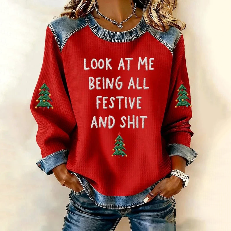 Comstylish Women's Look At Me Being All Festive And Shit Print Crew Neck Casual Sweatshirt