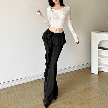 Taruxy Flower Ribbons Straight Pants for Color High Strecth Folds Patchwork Female Summer Trousers