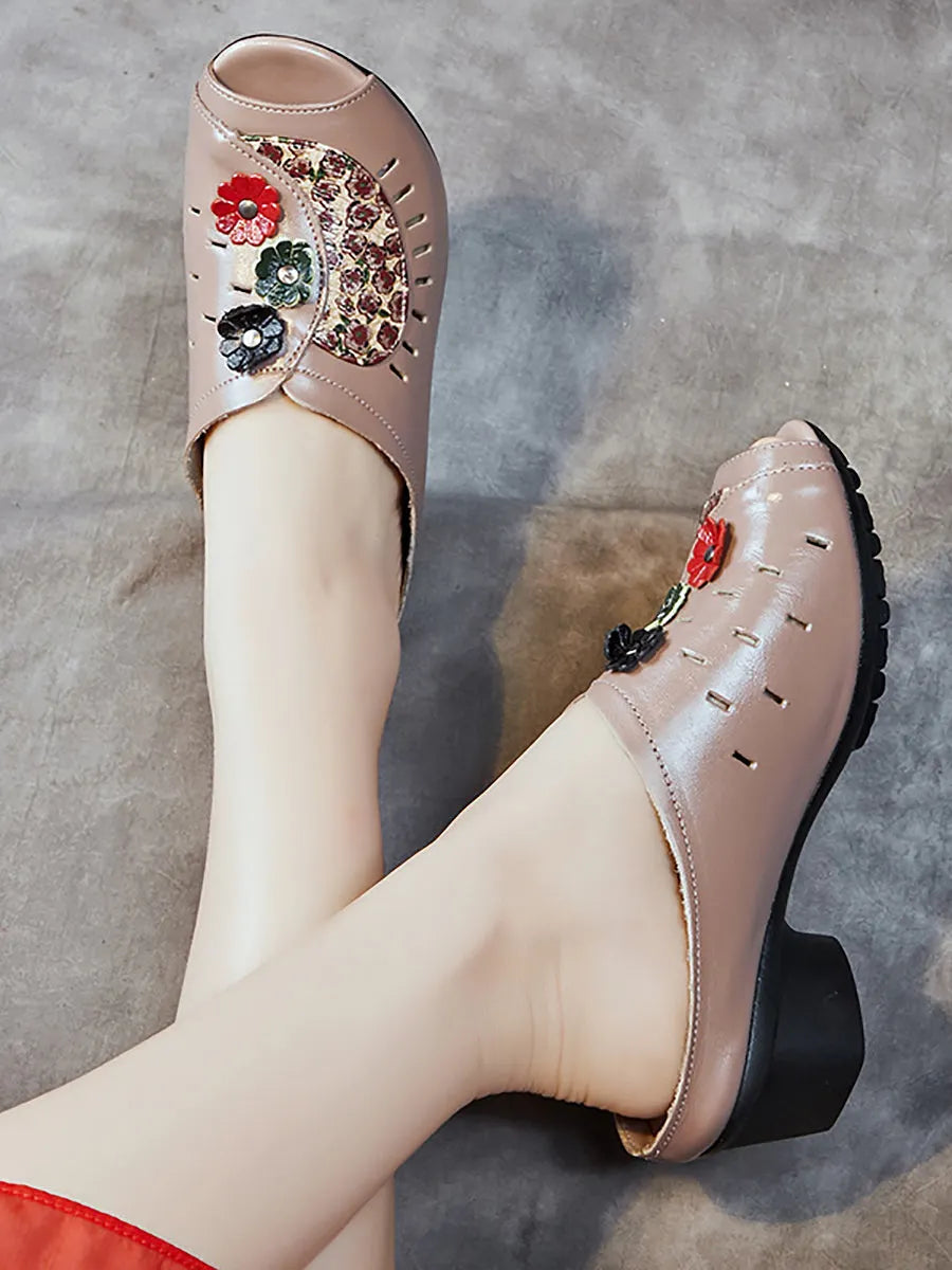 Summer Leather Flower Mid-heel Sandals Oo1050