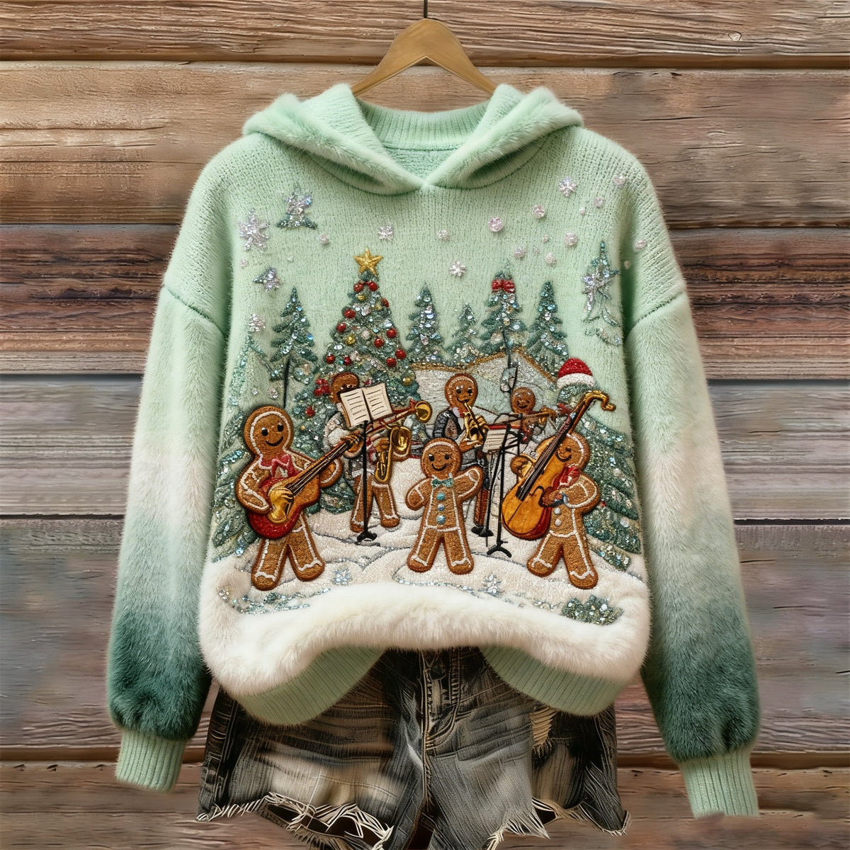 Women's Retro Christmas Tree Pattern Casual Hooded Sweatshirt