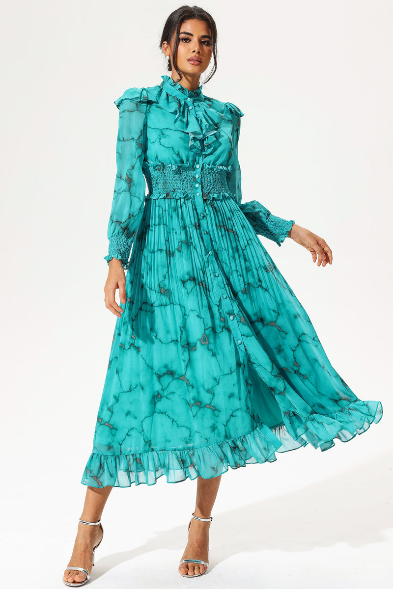 Lantern Sleeve Stand Collar Smocked Elastic Buckle Maxi Dress