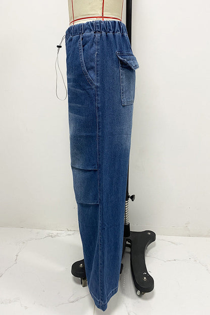 Distressed Draw String Ruched Mid Waist Loose Denim Jeans