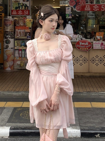 Summer Chiffon Midi Dress Lace Y2k Lolita Fairycore Puff Sleeve High Waist French Evening Party Dresses Prom Robe