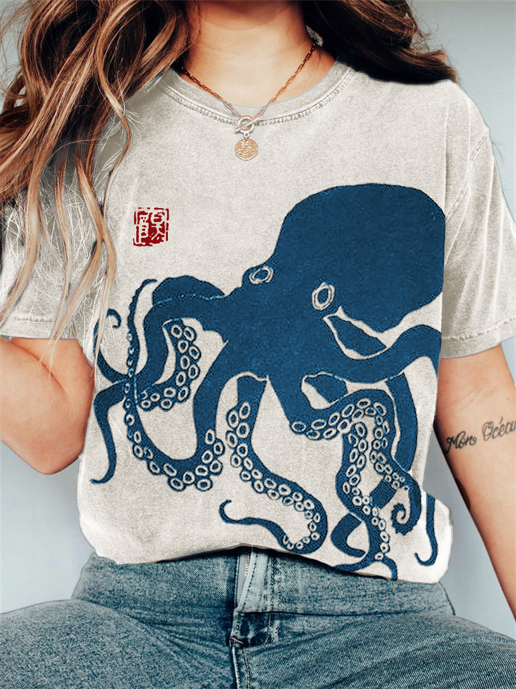Comstylish Octopus Japanese Lino Art Vintage T Shirt