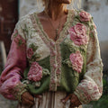 Vintage Pink Roses Crochet Embroidered Colorblock Patchwork Cozy Cardigan artswardrobe