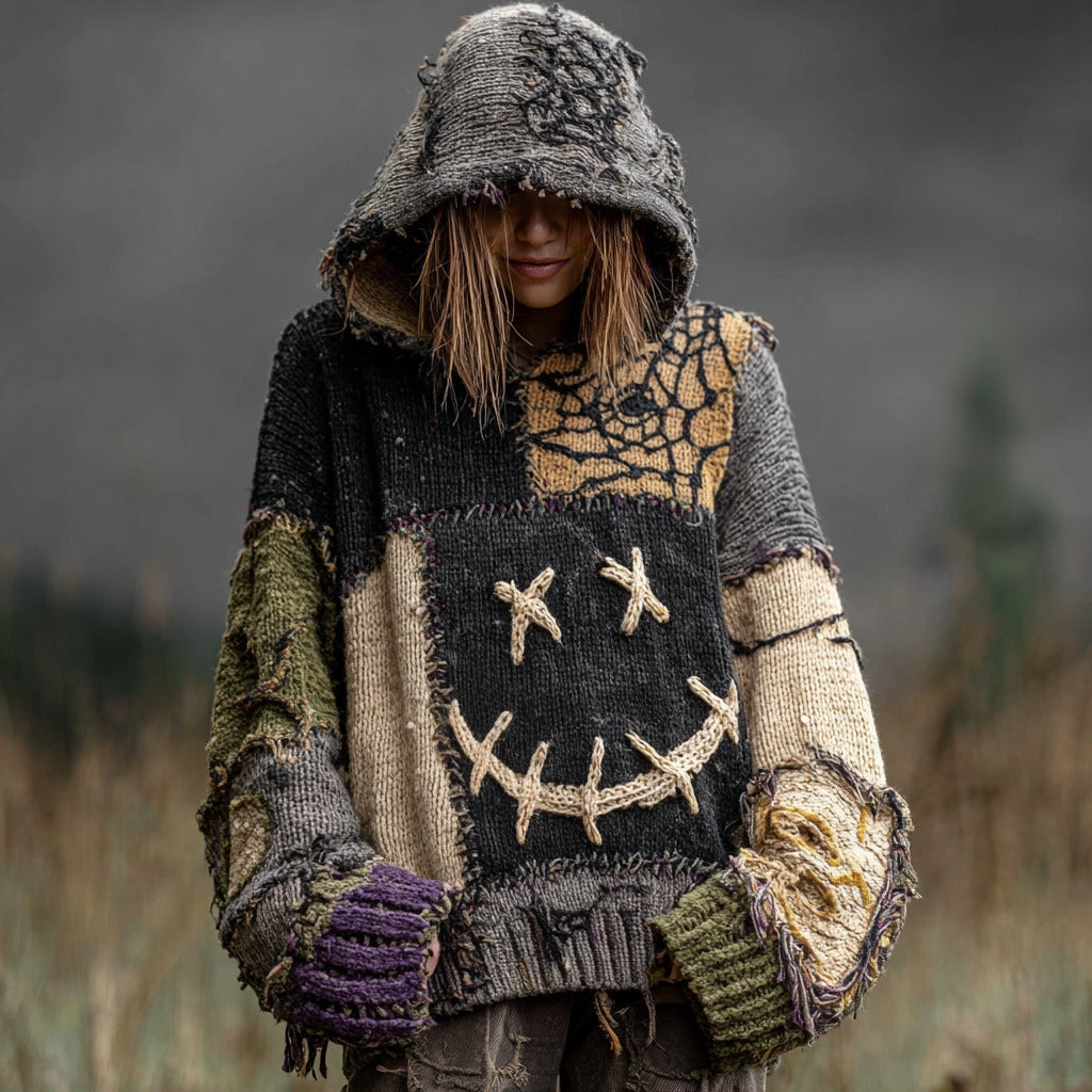 Halloween Spooky Face And Spider Web Patchwork Design Cozy Knit Hooded artswardrobe
