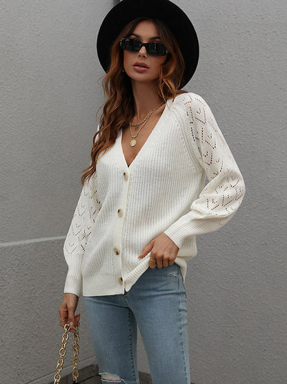 Long Sleeves Loose Color V-neck Cardigan Tops
